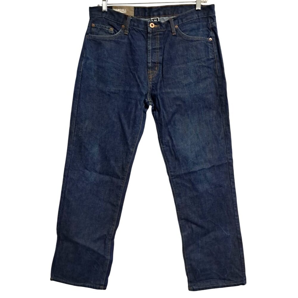 Churchill Jeans Mens Size 36 Dark Wash Button Fly Regular Straight Fit Active US